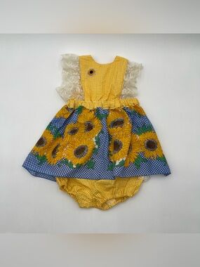 Handmade Sunflower Gingham Baby Dress with Blooming Skirt Lace Florals 9 mos